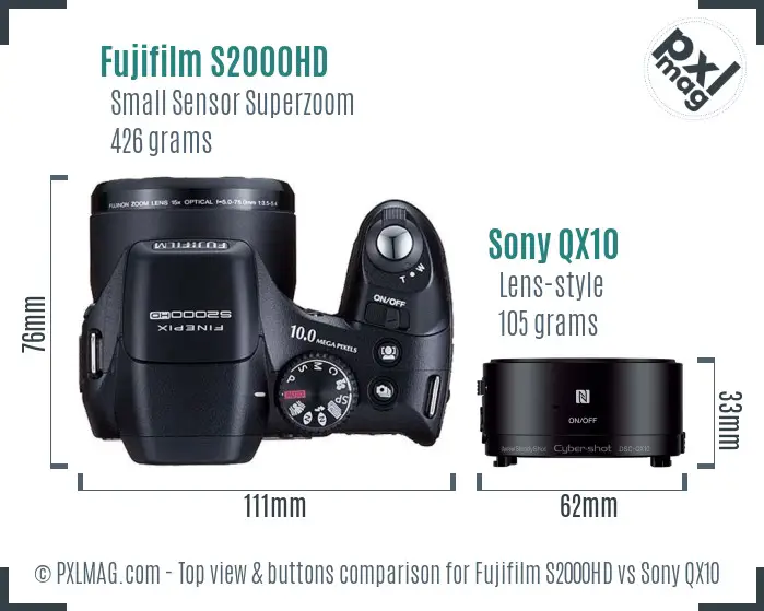 Fujifilm S2000HD vs Sony QX10 top view buttons comparison