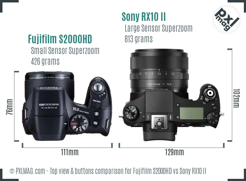 Fujifilm S2000HD vs Sony RX10 II top view buttons comparison