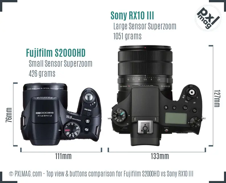 Fujifilm S2000HD vs Sony RX10 III top view buttons comparison