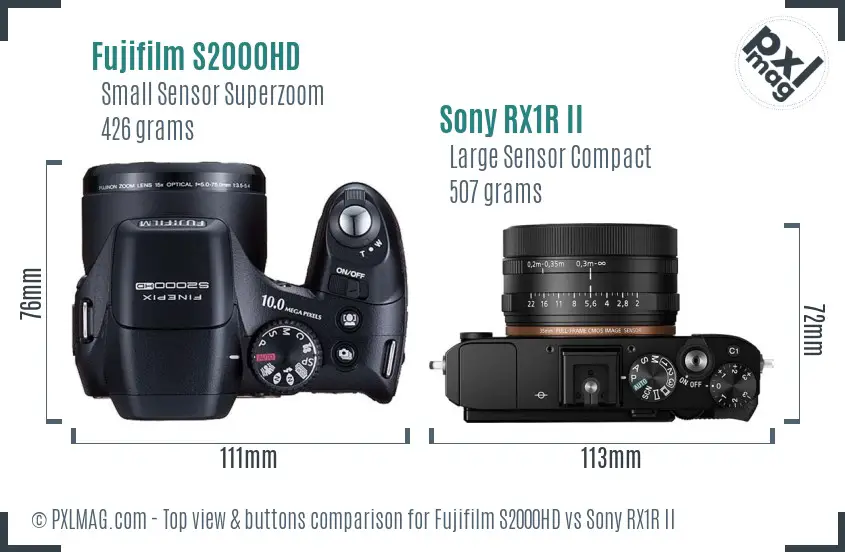 Fujifilm S2000HD vs Sony RX1R II top view buttons comparison