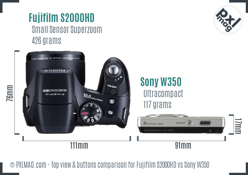 Fujifilm S2000HD vs Sony W350 top view buttons comparison