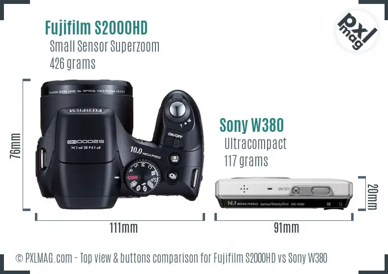 Fujifilm S2000HD vs Sony W380 top view buttons comparison