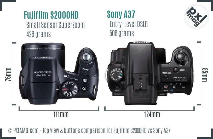Fujifilm S2000HD vs Sony A37 top view buttons comparison