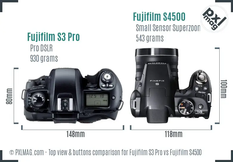 Fujifilm S3 Pro vs Fujifilm S4500 top view buttons comparison