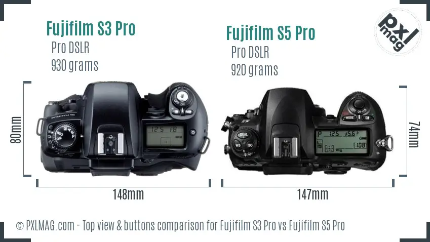 Fujifilm S3 Pro vs Fujifilm S5 Pro top view buttons comparison