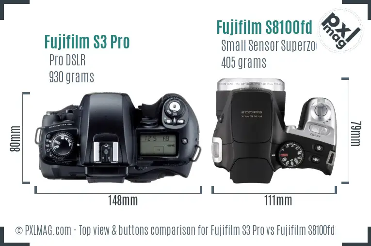 Fujifilm S3 Pro vs Fujifilm S8100fd top view buttons comparison Fujifilm S3 Pro vs Fujifilm S8100fd top view buttons comparison