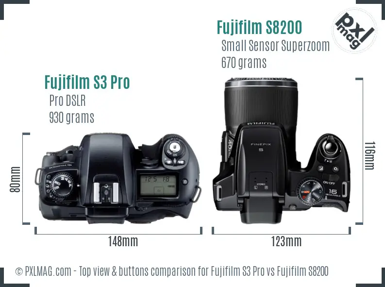 Fujifilm S3 Pro vs Fujifilm S8200 top view buttons comparison