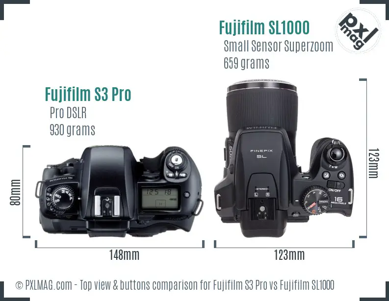 Fujifilm S3 Pro vs Fujifilm SL1000 top view buttons comparison