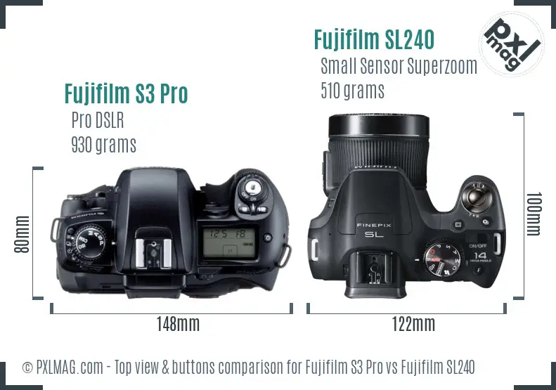 Fujifilm S3 Pro vs Fujifilm SL240 top view buttons comparison