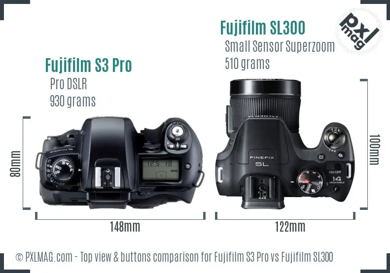 Fujifilm S3 Pro vs Fujifilm SL300 top view buttons comparison