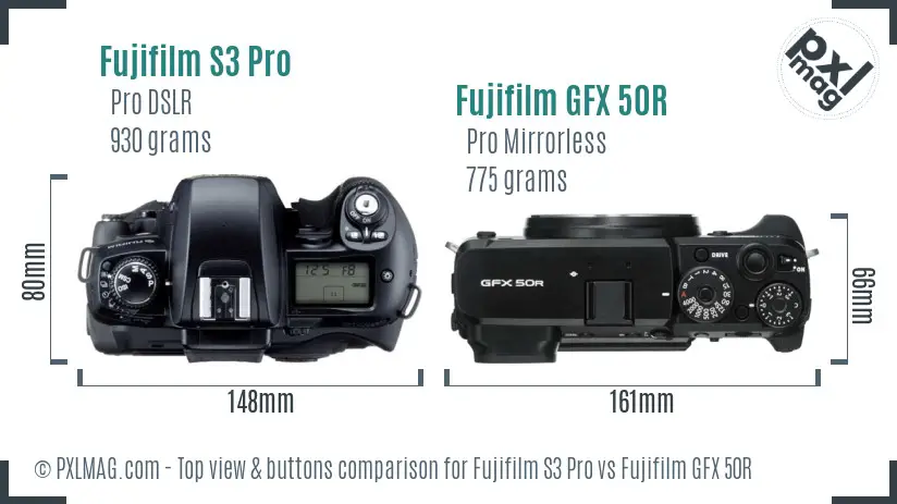 Fujifilm S3 Pro vs Fujifilm GFX 50R top view buttons comparison