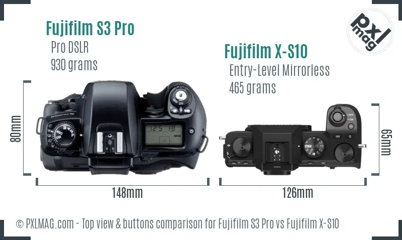Fujifilm S3 Pro vs Fujifilm X-S10 top view buttons comparison Fujifilm S3 Pro vs Fujifilm X-S10 top view buttons comparison