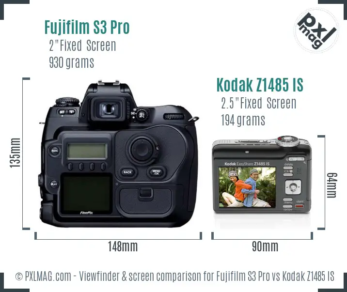 Fujifilm S3 Pro vs Kodak Z1485 IS Screen and Viewfinder comparison