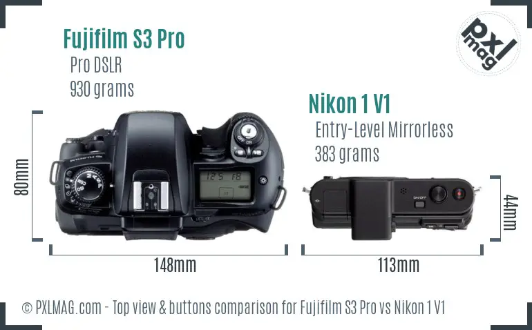 Fujifilm S3 Pro vs Nikon 1 V1 top view buttons comparison