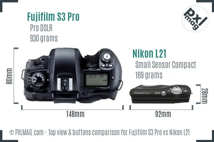 Fujifilm S3 Pro vs Nikon L21 top view buttons comparison