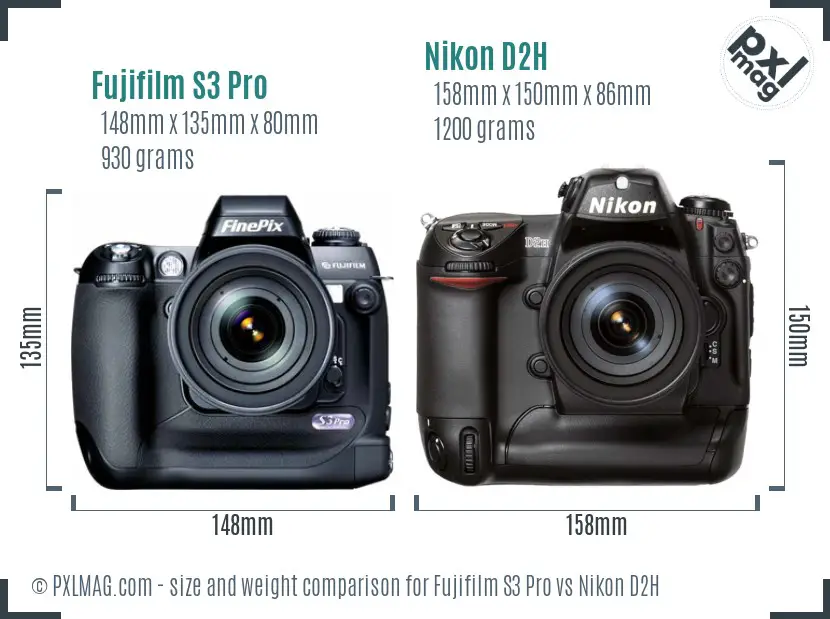 Fujifilm S3 Pro vs Nikon D2H size comparison