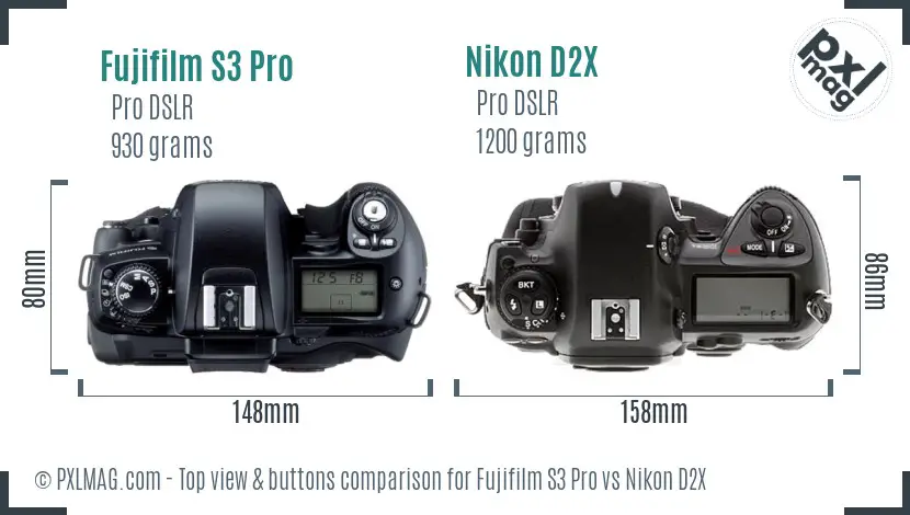 Fujifilm S3 Pro vs Nikon D2X top view buttons comparison