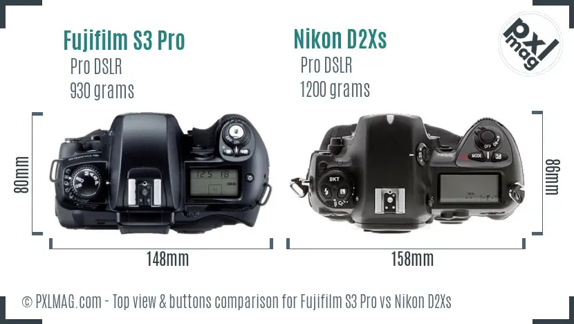 Fujifilm S3 Pro vs Nikon D2Xs top view buttons comparison