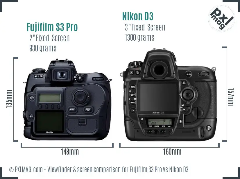 Fujifilm S3 Pro vs Nikon D3 Screen and Viewfinder comparison