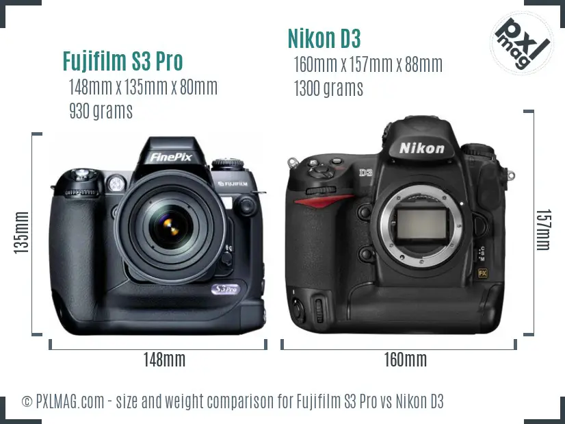 Fujifilm S3 Pro vs Nikon D3 size comparison