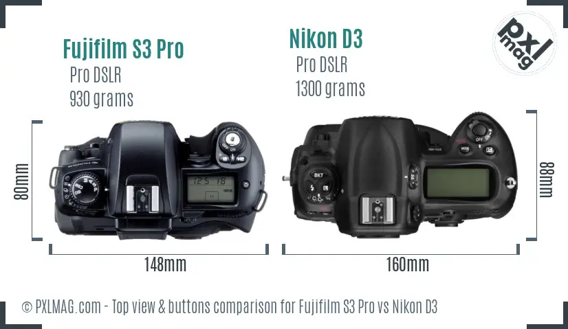 Fujifilm S3 Pro vs Nikon D3 top view buttons comparison