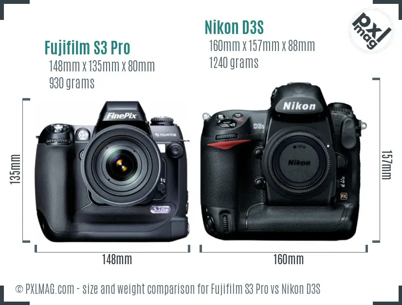 Fujifilm S3 Pro vs Nikon D3S size comparison