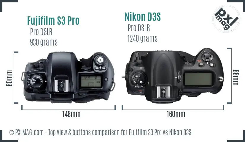 Fujifilm S3 Pro vs Nikon D3S top view buttons comparison