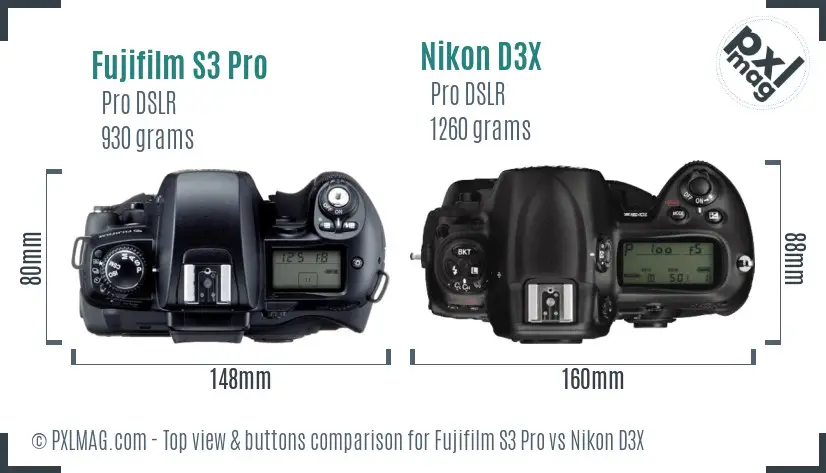 Fujifilm S3 Pro vs Nikon D3X top view buttons comparison