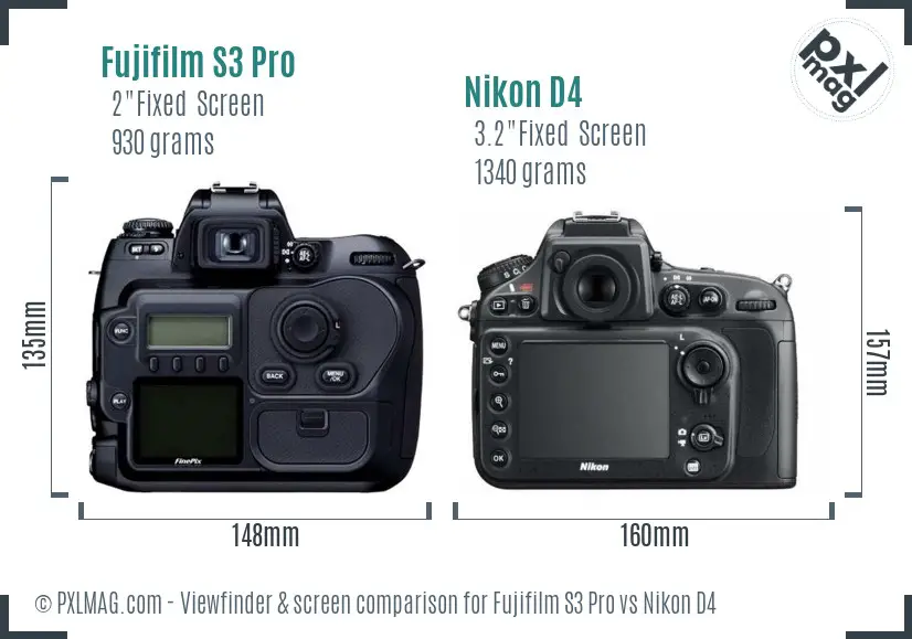 Fujifilm S3 Pro vs Nikon D4 Screen and Viewfinder comparison
