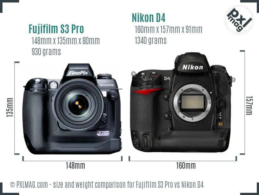 Fujifilm S3 Pro vs Nikon D4 size comparison