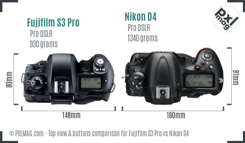 Fujifilm S3 Pro vs Nikon D4 top view buttons comparison