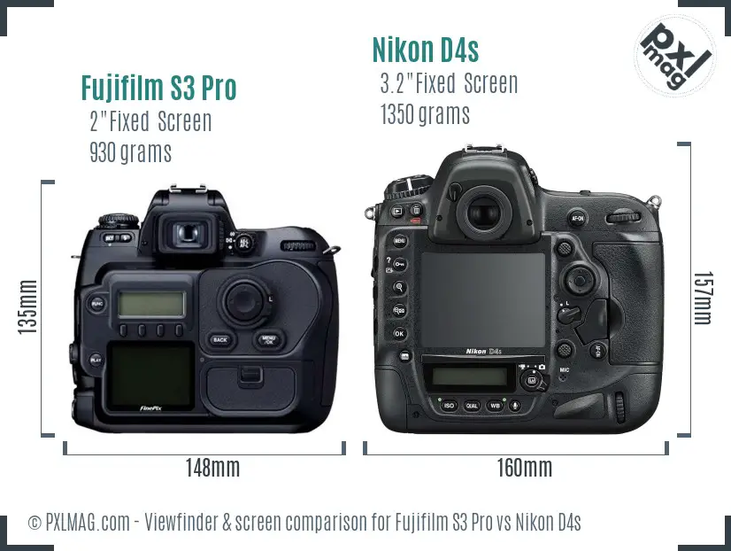 Fujifilm S3 Pro vs Nikon D4s Screen and Viewfinder comparison