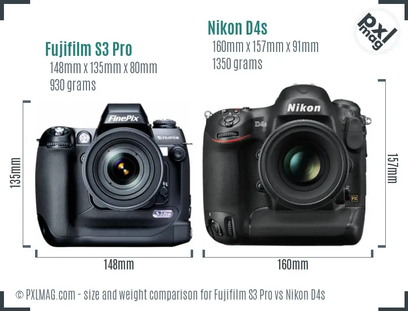 Fujifilm S3 Pro vs Nikon D4s size comparison