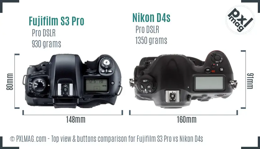 Fujifilm S3 Pro vs Nikon D4s top view buttons comparison