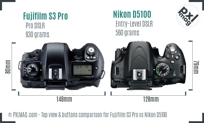 Fujifilm S3 Pro vs Nikon D5100 top view buttons comparison