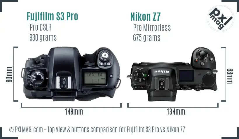 Fujifilm S3 Pro vs Nikon Z7 top view buttons comparison