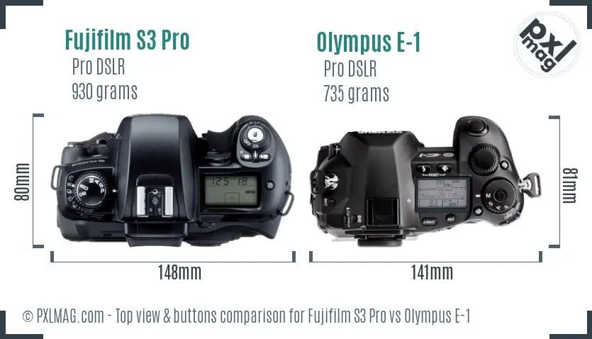 Fujifilm S3 Pro vs Olympus E-1 top view buttons comparison