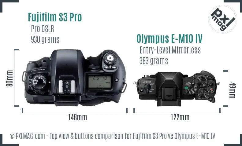 Fujifilm S3 Pro vs Olympus E-M10 IV top view buttons comparison