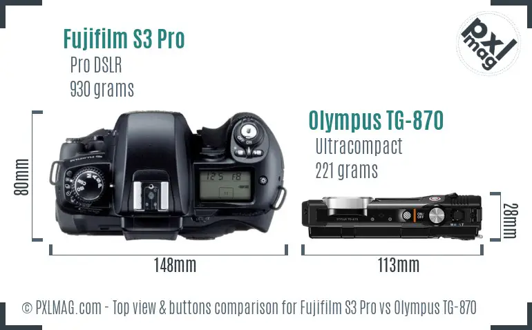 Fujifilm S3 Pro vs Olympus TG-870 top view buttons comparison