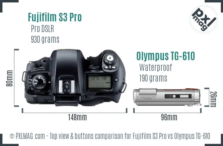 Fujifilm S3 Pro vs Olympus TG-610 top view buttons comparison