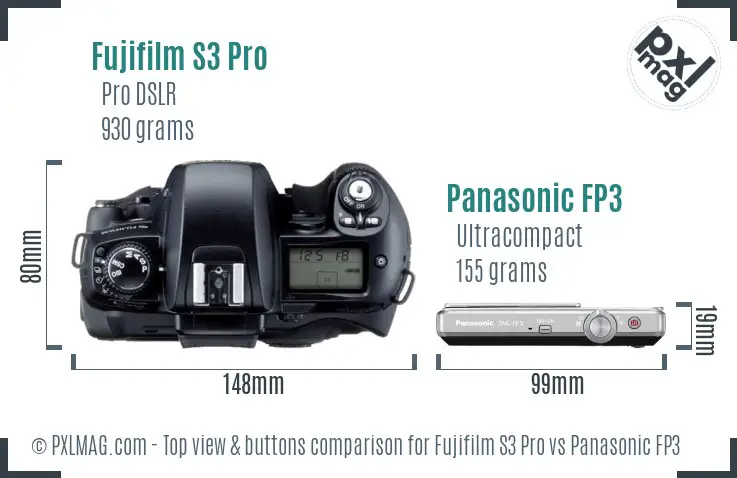 Fujifilm S3 Pro vs Panasonic FP3 top view buttons comparison Fujifilm S3 Pro vs Panasonic FP3 top view buttons comparison