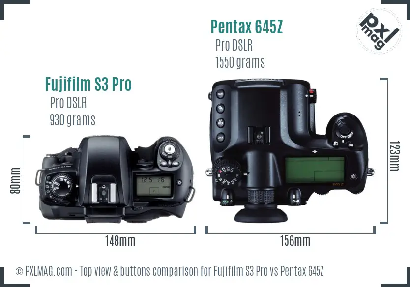 Fujifilm S3 Pro vs Pentax 645Z top view buttons comparison
