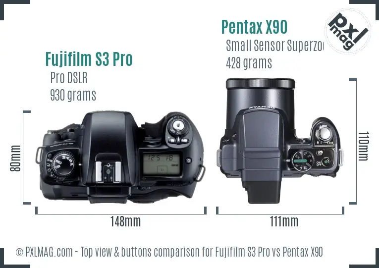 Fujifilm S3 Pro vs Pentax X90 top view buttons comparison Fujifilm S3 Pro vs Pentax X90 top view buttons comparison
