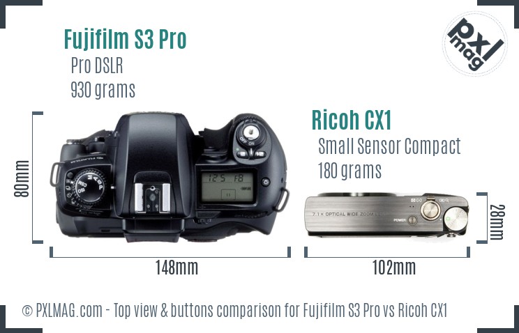 Fujifilm S3 Pro vs Ricoh CX1 top view buttons comparison