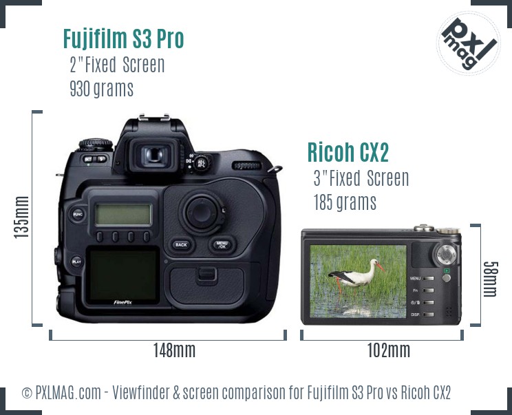Fujifilm S3 Pro vs Ricoh CX2 Screen and Viewfinder comparison