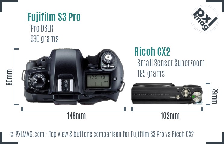 Fujifilm S3 Pro vs Ricoh CX2 top view buttons comparison