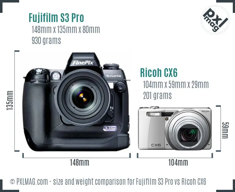 Fujifilm S3 Pro vs Ricoh CX6 size comparison