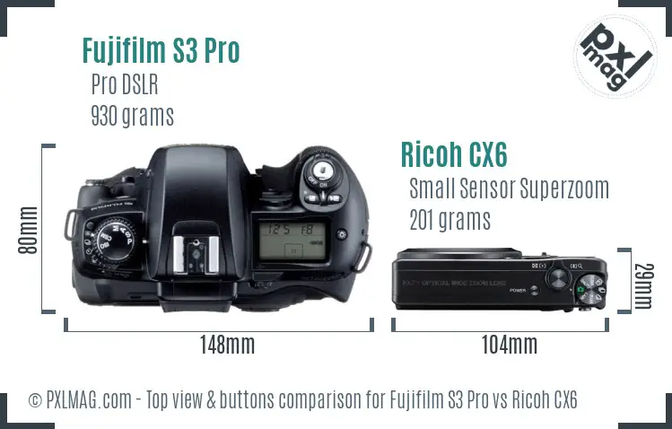 Fujifilm S3 Pro vs Ricoh CX6 top view buttons comparison