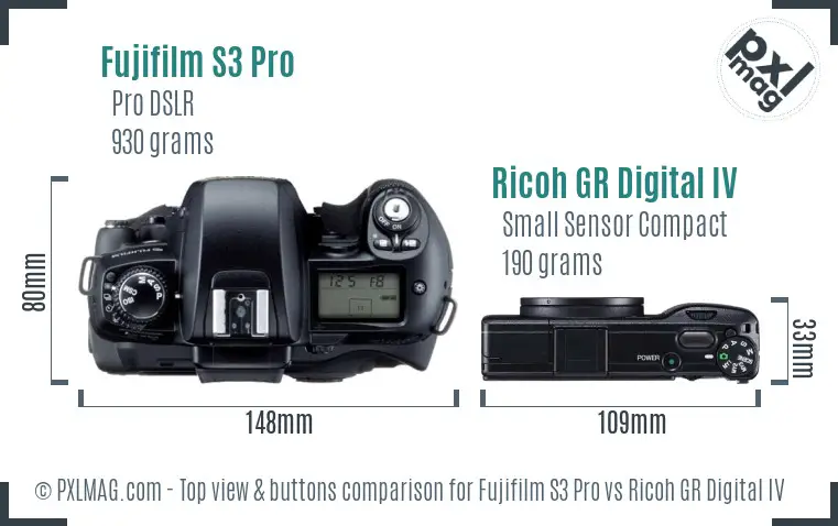 Fujifilm S3 Pro vs Ricoh GR Digital IV top view buttons comparison