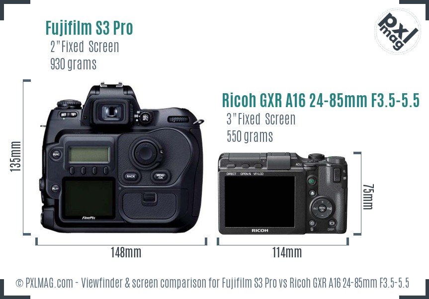Fujifilm S3 Pro vs Ricoh GXR A16 24-85mm F3.5-5.5 Screen and Viewfinder comparison